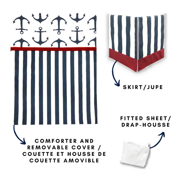 Navy Anchor Baby Bedding - 6 Piece Ocean-Themed Baby Bedding by Ara Enfants (Including Skirt, Mattress Cover, Comforter, and Quilt Cover, #22)