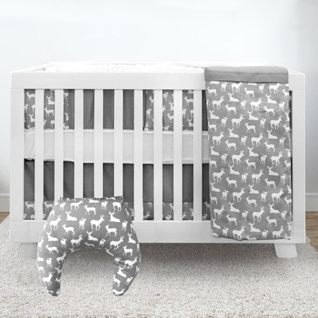 Grey and White Deer Baby Bedding - 5-Piece Set (With Nursing Pillow)