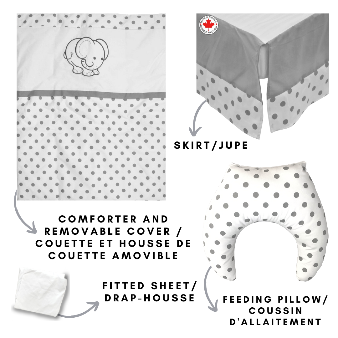 Endearing Baby Elephant with Grey Polka Dots (5-piece Baby Bedding #516, Nursing Pillow Included)