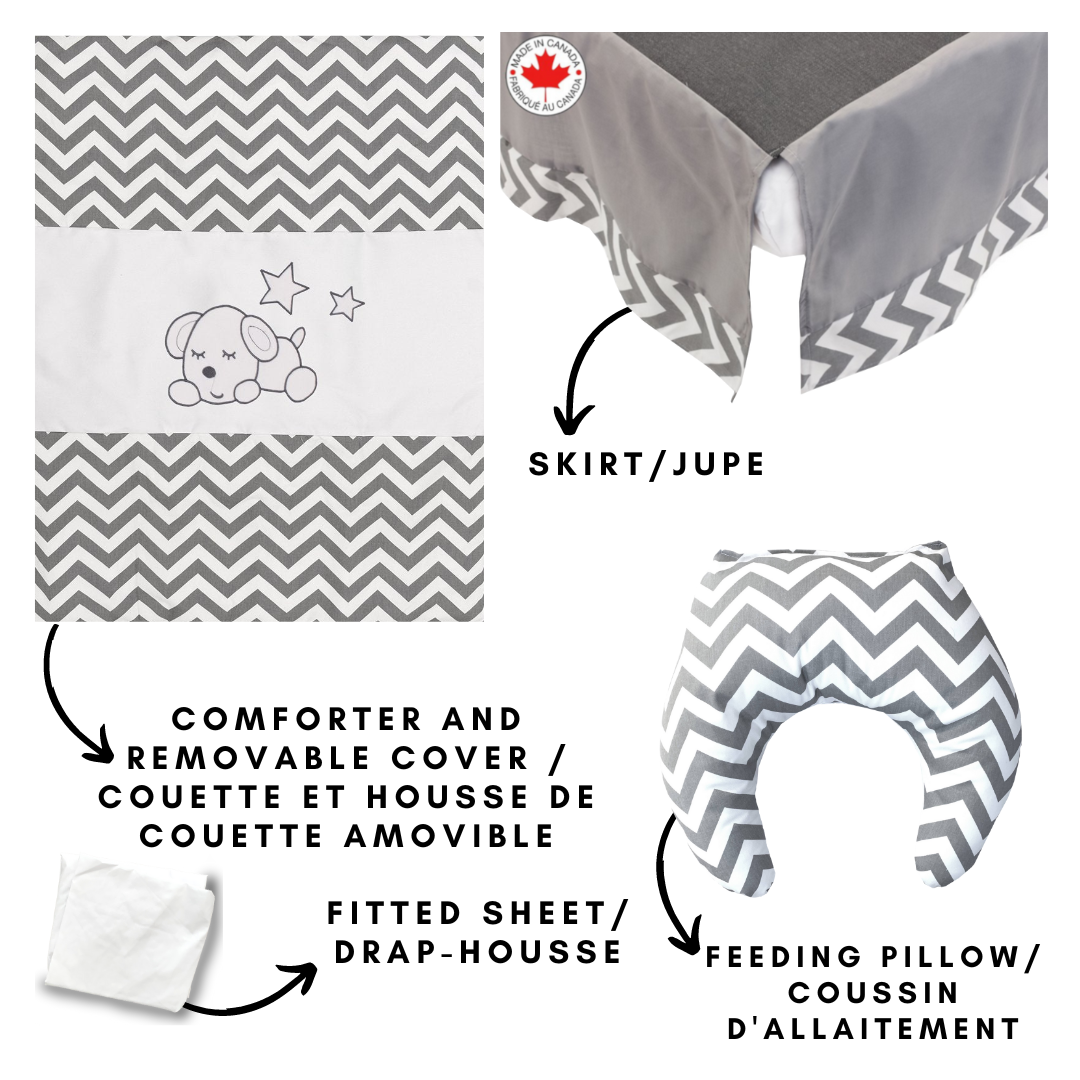 Grey and White Sleepy Dog - 5-piece Baby Bedding (Nursing Pillow Included)