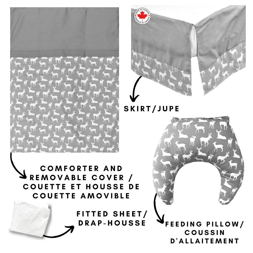 Grey and White Deer Baby Bedding - 5-Piece Set (With Nursing Pillow)