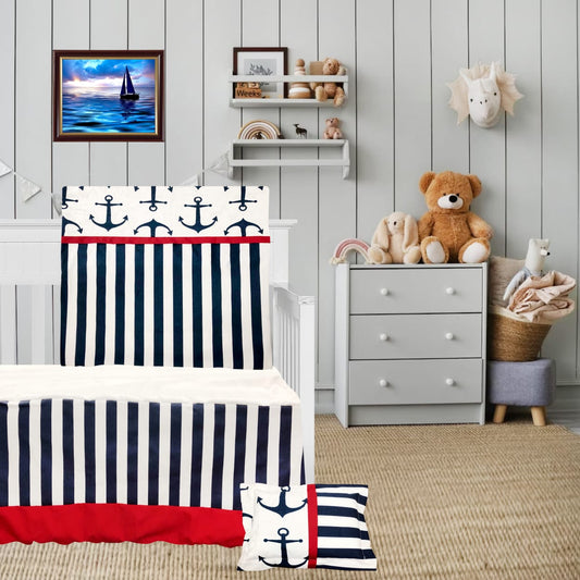 Navy Anchor Baby Bedding - 6 Piece Ocean-Themed Baby Bedding by Ara Enfants (Including Skirt, Mattress Cover, Comforter, and Quilt Cover, #22)