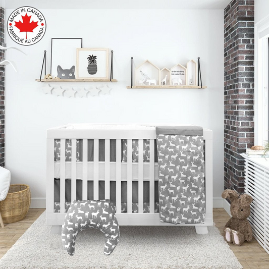 Grey and White Deer Baby Bedding - 5-Piece Set (With Nursing Pillow)