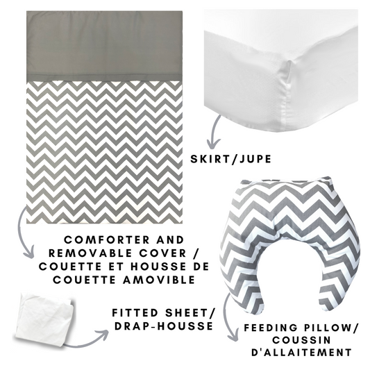 Parure de lit en zigzag chevron gris et blanc – (literie bébé 5 pièces, n° 300, coussin d'allaitement inclus).